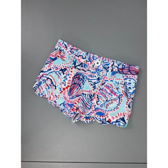 Lilly Pulitzer girls 4 blue red white patterned buttercup scalloped shorts - Picture 1 of 5